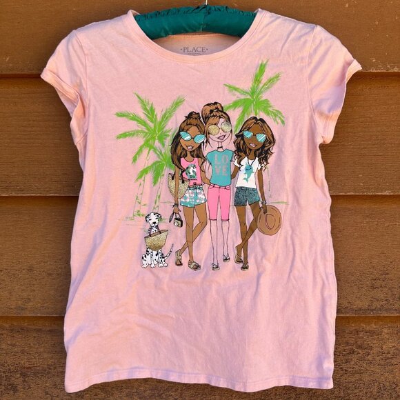 Childrens Place Girls Pink Graphic Tee Size XL 14 With Tropical Palm & Friends D - Picture 1 of 12